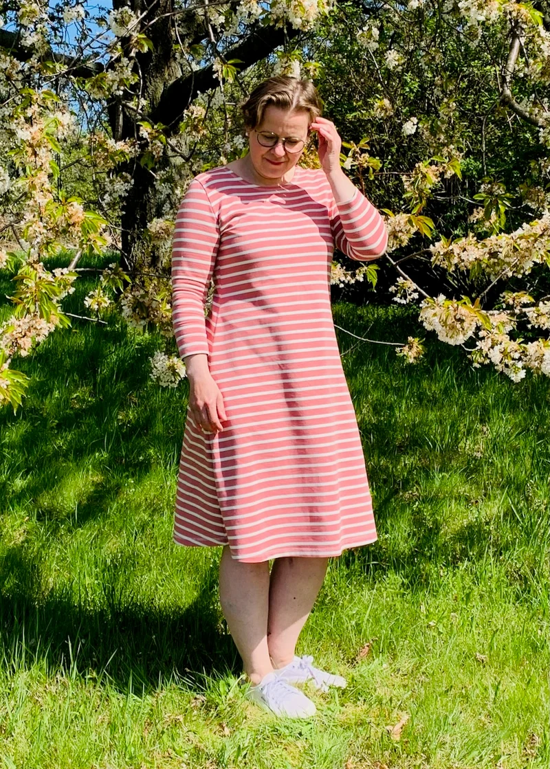 Streifenkleid Damen Bio-Baumwolle – Rosenholz/Ecru