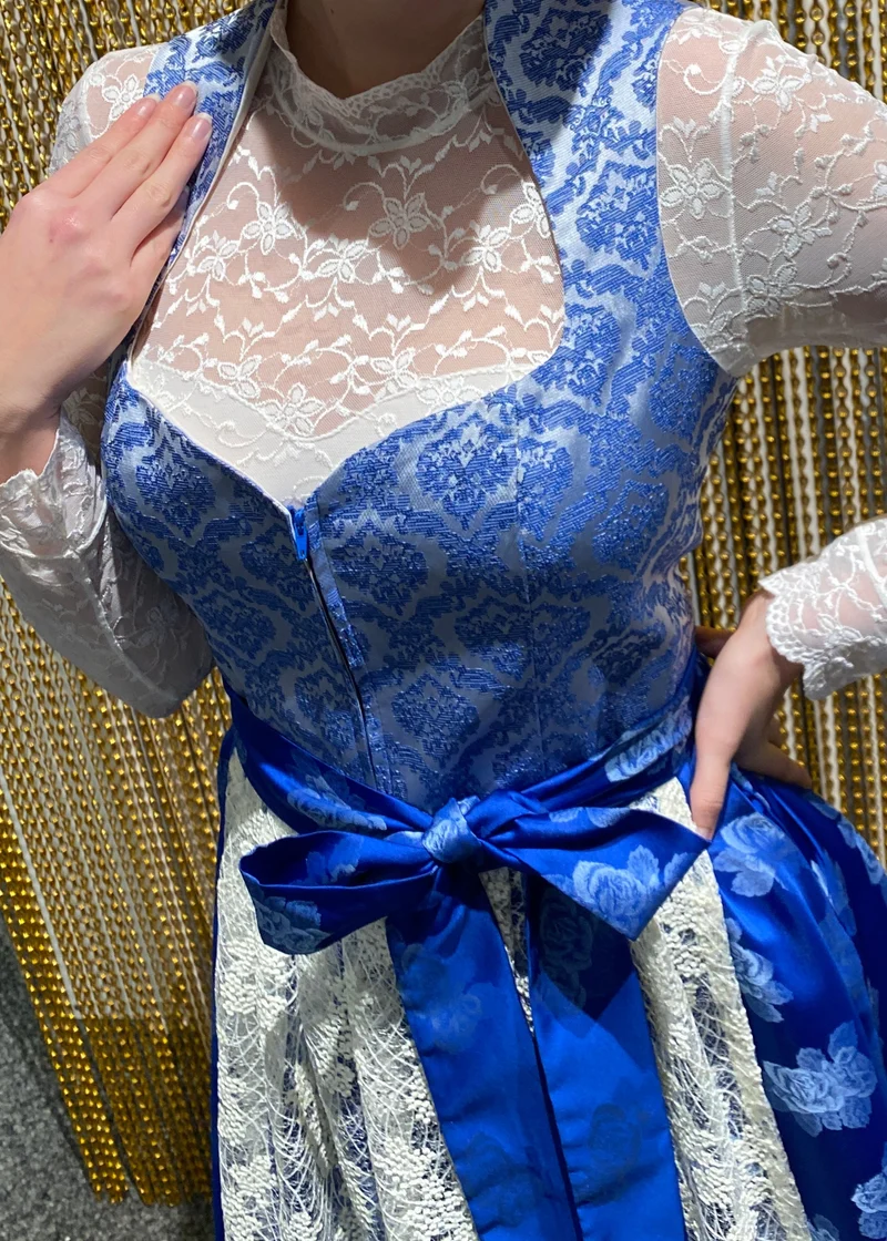 Dirndl Goldstich blau/silber Blumen 70cm
