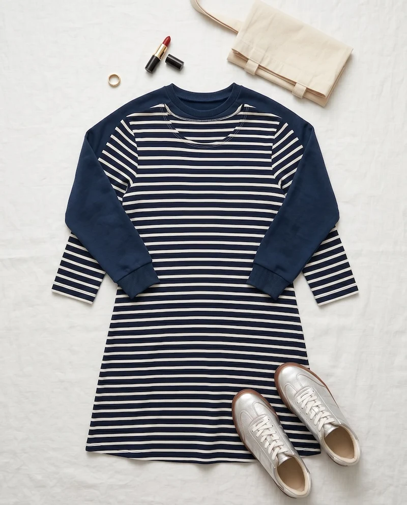 Streifenkleid Damen Bio-Baumwolle – Navy/Ecru