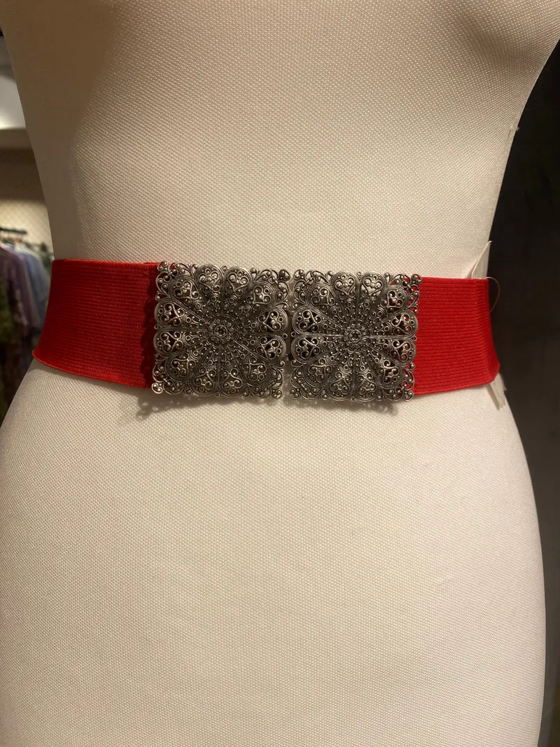 Trachtengürtel Stretch Goldstich rot/silber