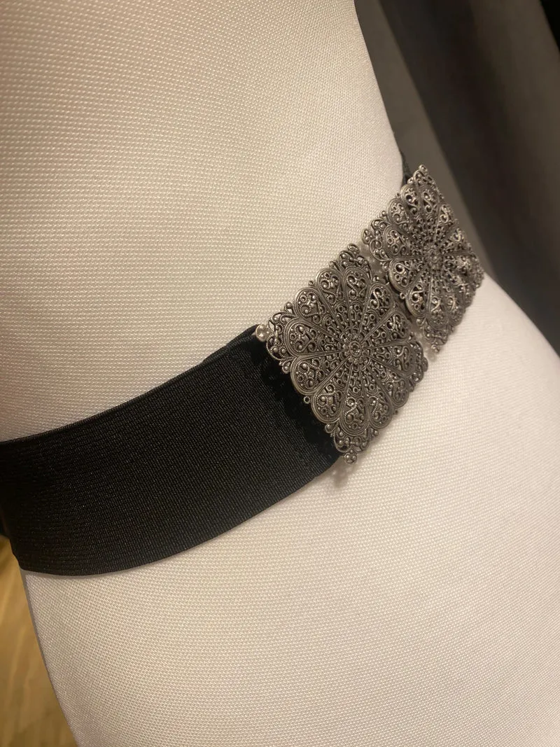 Trachtengürtel Stretch Goldstich schwarz/silber