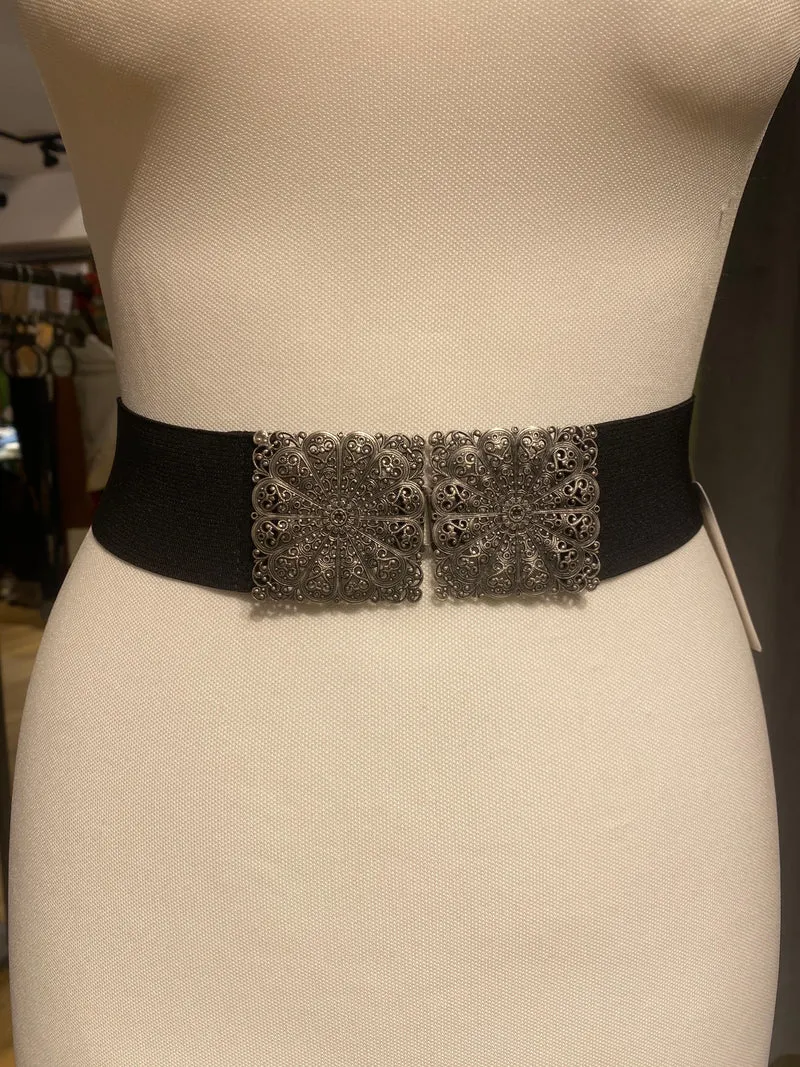 Trachtengürtel Stretch Goldstich schwarz/silber