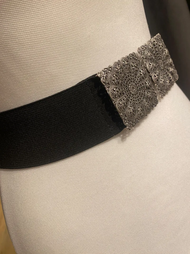 Trachtengürtel Stretch Goldstich schwarz/silber