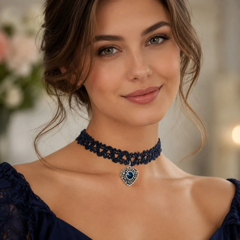 LUISIA® Spitzen Kropfband "Malina" mit Herzanhänger | Dunkelblau