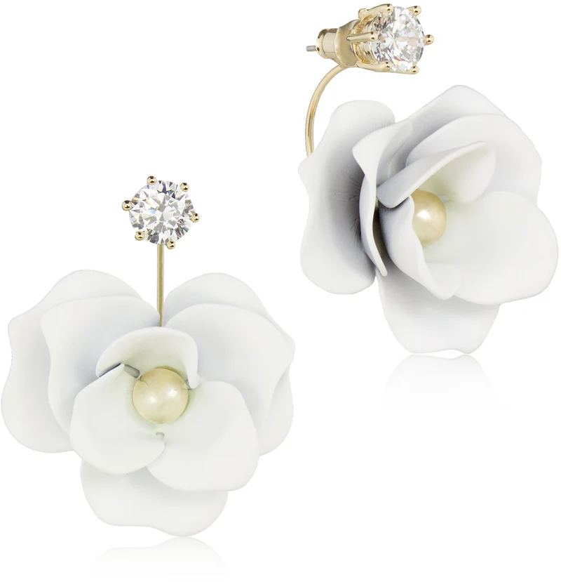 LUISIA Front Back Ohrringe Jarla mit Blumen - 16 Karat vergoldet Weiß