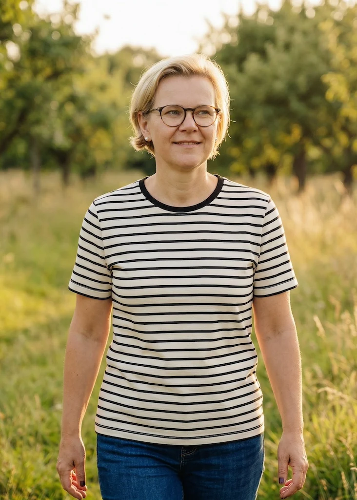 T-Shirt Bio-Baumwolle Damen (Ecru/Navy)