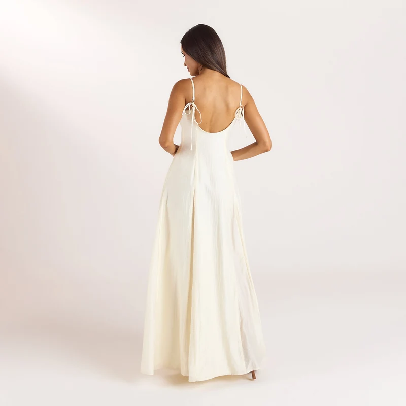 Bestickter Maxikleid mit Korsetdetail - Buttercreme