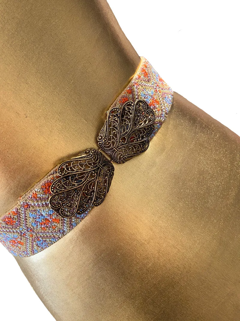 Trachtengürtel Stretch orange blau mit goldener Schließe