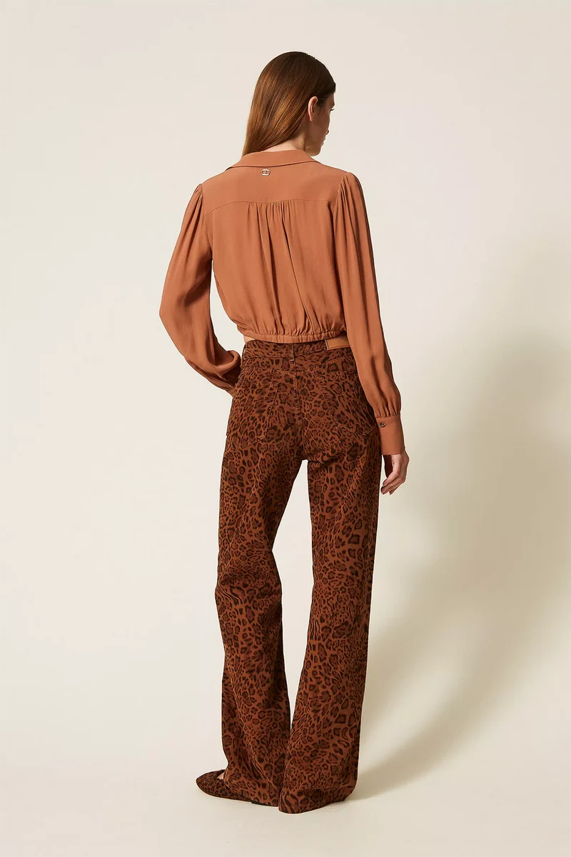Twin Set Damen Hose aus Bull Denim mit Animalprint, Beige/Braun