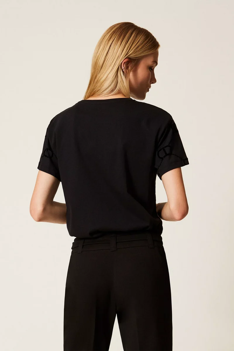 Twin Set Damen T-Shirt mit „Oval T“-Flockprint Schwarz