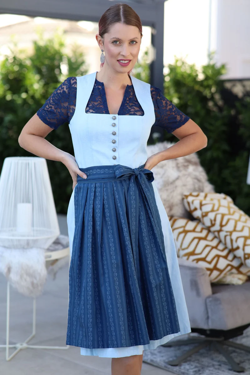 Goldstich Spitzen Dirndlbluse blau mit V-Ausschnitt