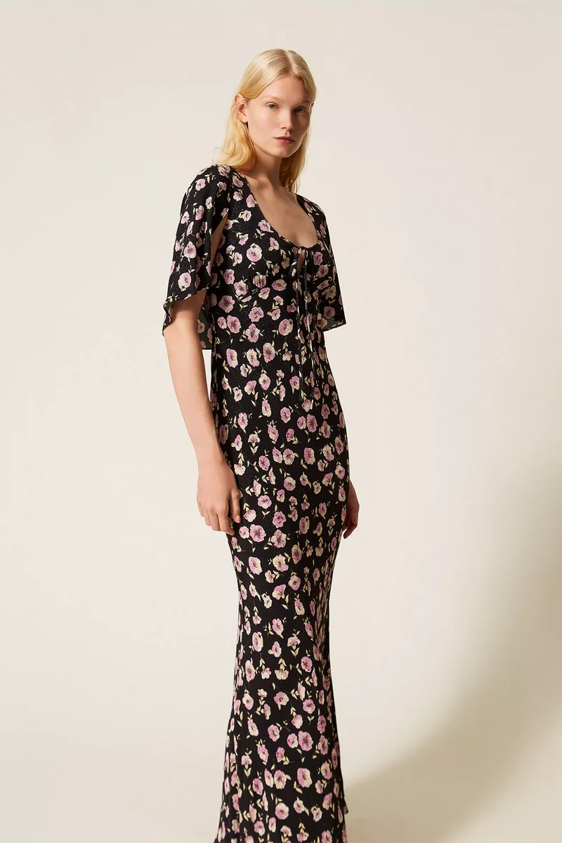 Twin Set Damen Maxikleid mit Blumenprint Schwarz