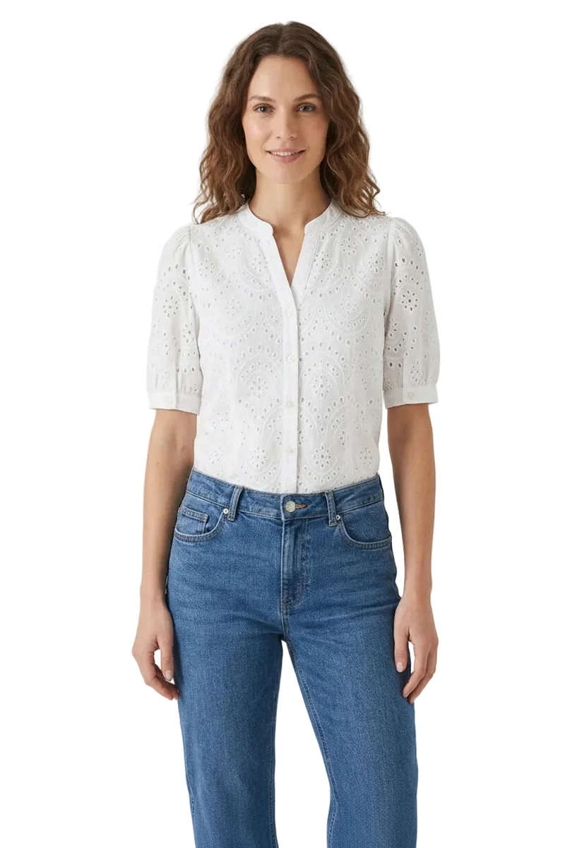 Bestickte Baumwollbluse mit Lochmuster & 3/4 Arm