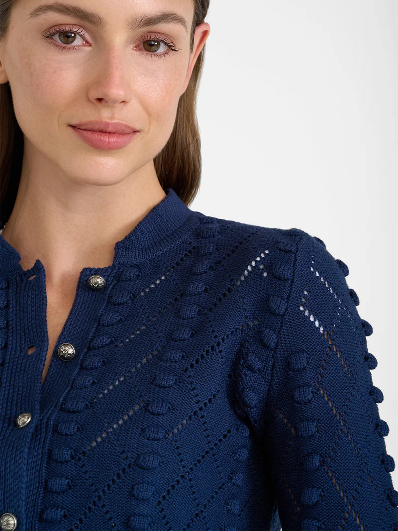 Strickjacke mit Stehkragen und Bommeln