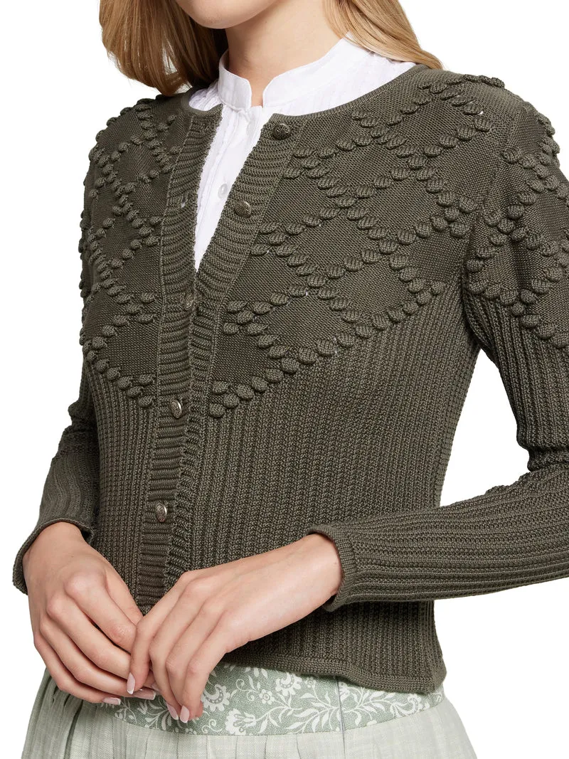 Taillierte Strickjacke mit Rautenmuster und Bommel