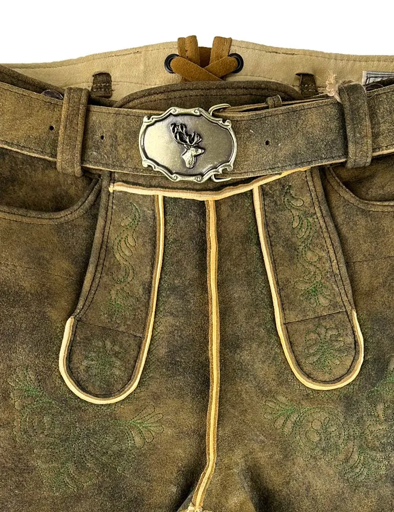 Buchberger Kurze Lederhose "Karl 1" mit Gürtel | Hirschleder Torf Grüner Stick