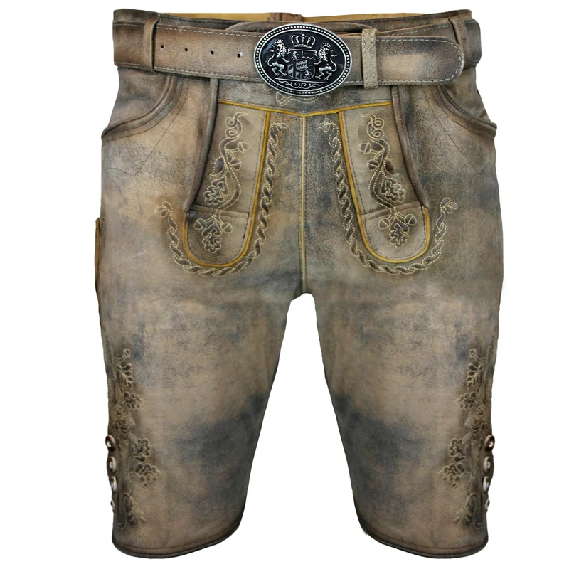 MADDOX Kurze Herren Lederhose "Horn" mit Gürtel | Antik W. Grau