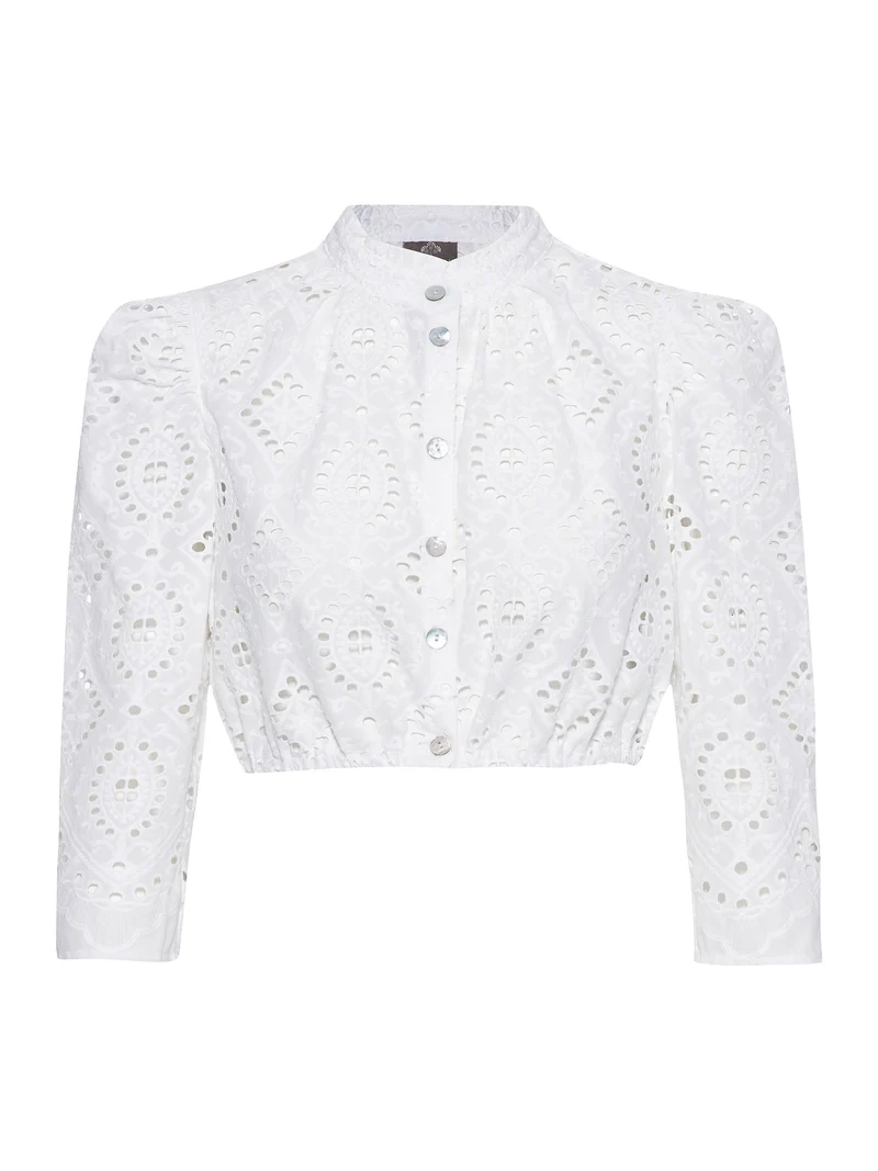 Stickerei-Stehkragenbluse mit Perlmuttknopf