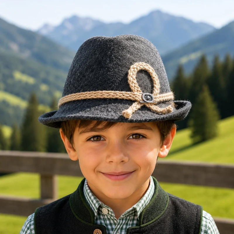 Isar-Trachten Kinder Trachtenhut mit Kordel 60103 | Anthrazit
