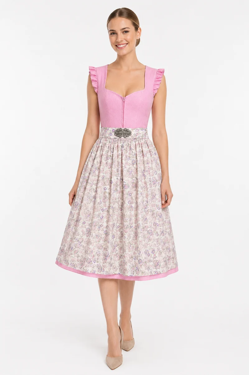 Romantisches Dirndl mit Blümchenschürze und Rüsche