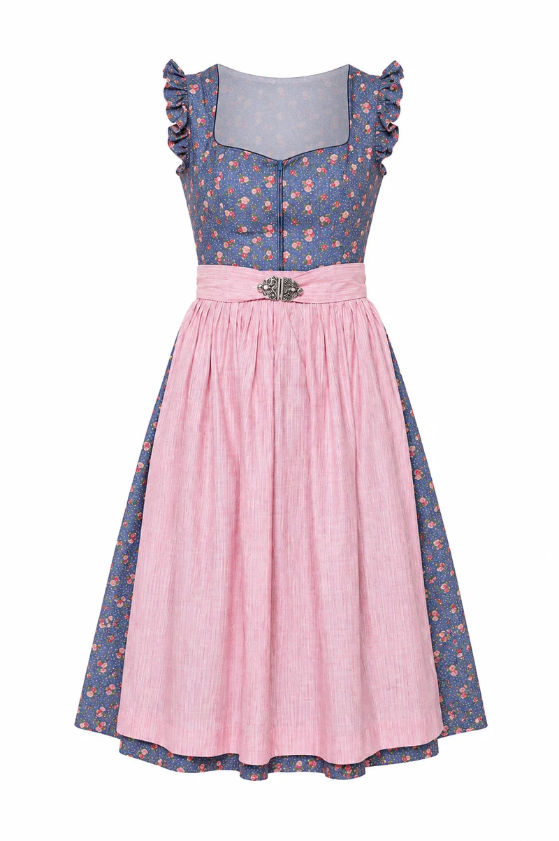 Rosendruck-Dirndl mit Streifenschürze & Flügelarm