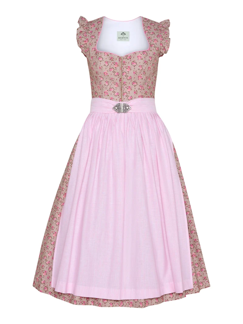 Rosendruck-Dirndl mit Streifenschürze & Flügelarm