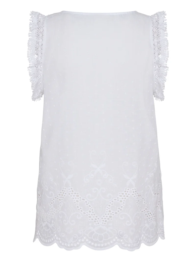 Ärmellose Bluse mit Stickerei und Fransenspitze
