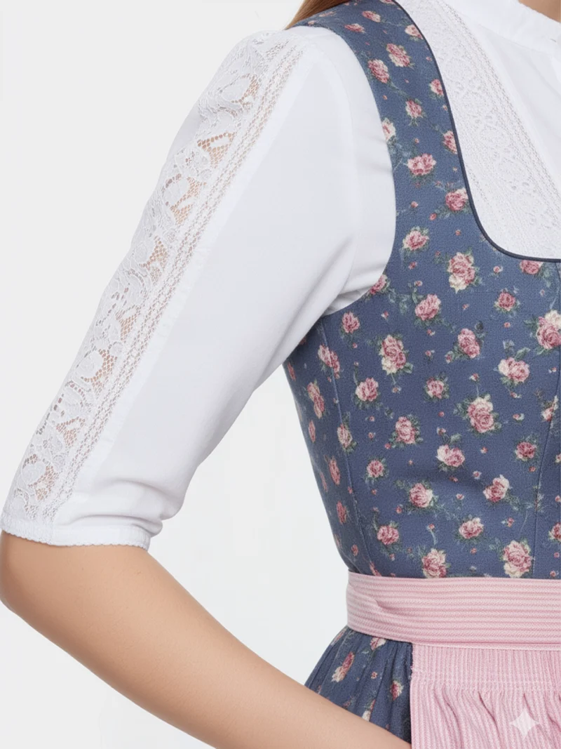 Dirndl aus Rosendruck mit Streifenschürze