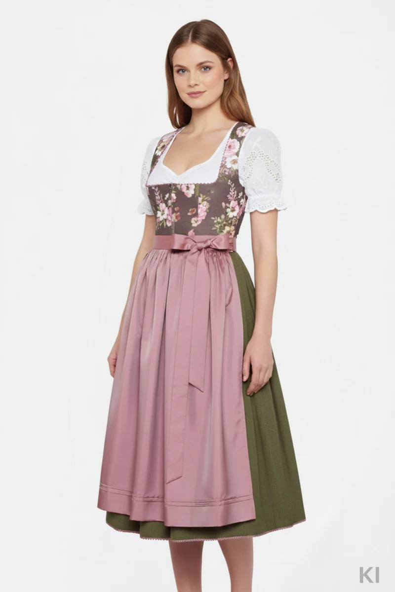 Dirndl mit Rosenmuster-Oberteil & Taftschürze