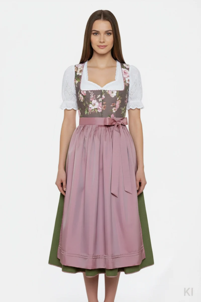 Dirndl mit Rosenmuster-Oberteil & Taftschürze