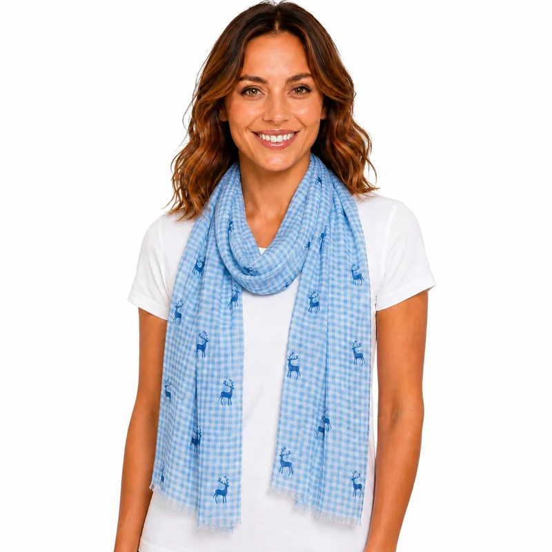 Trachten Halstuch Schal Kariert mit Hirschmotiv 185 x 70 cm | Himmelblau