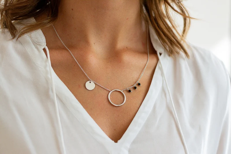 LUISIA Halskette "Ring mit schwarzen Achat Perlen" 67051 | 925 Silber (Länge 50cm)
