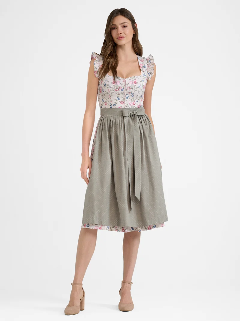 Rosendruck-Dirndl mit Streifen-Schürze