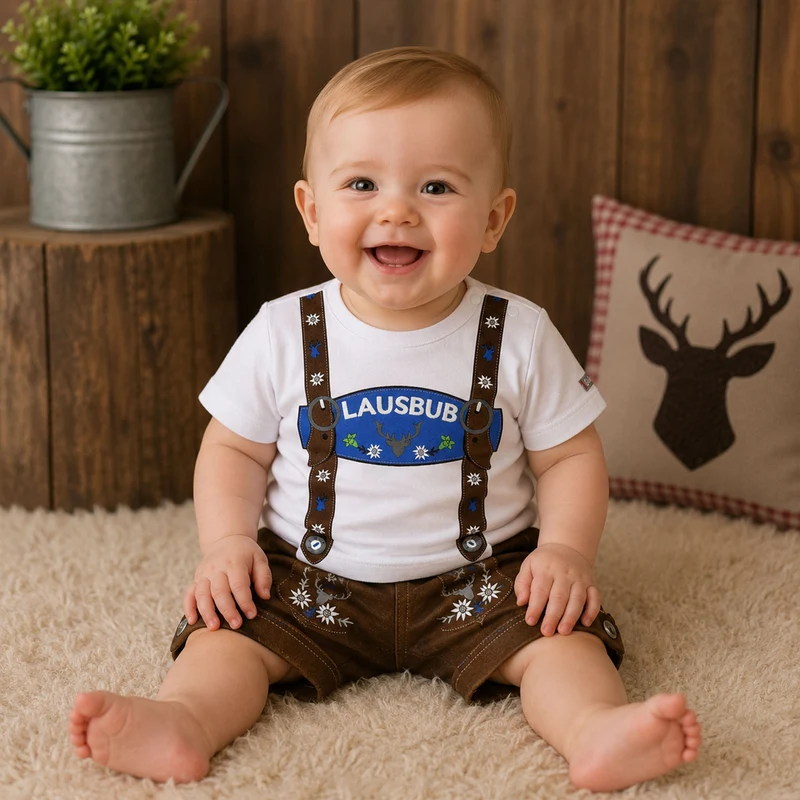 BONDI Baby Jungen Hosenträger T-Shirt "Lausbub" 91325 | Weiß Blau