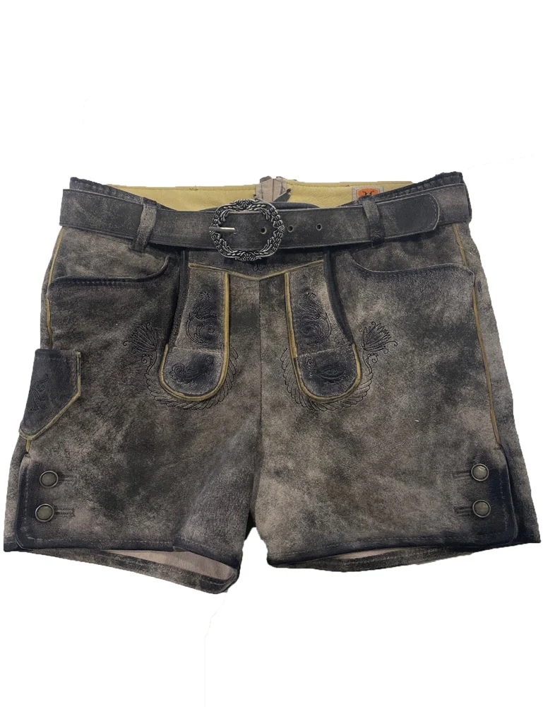 MADDOX Kurze Mädchen Lederhose "Fichtelsee" mit Gürtel | Steingrau