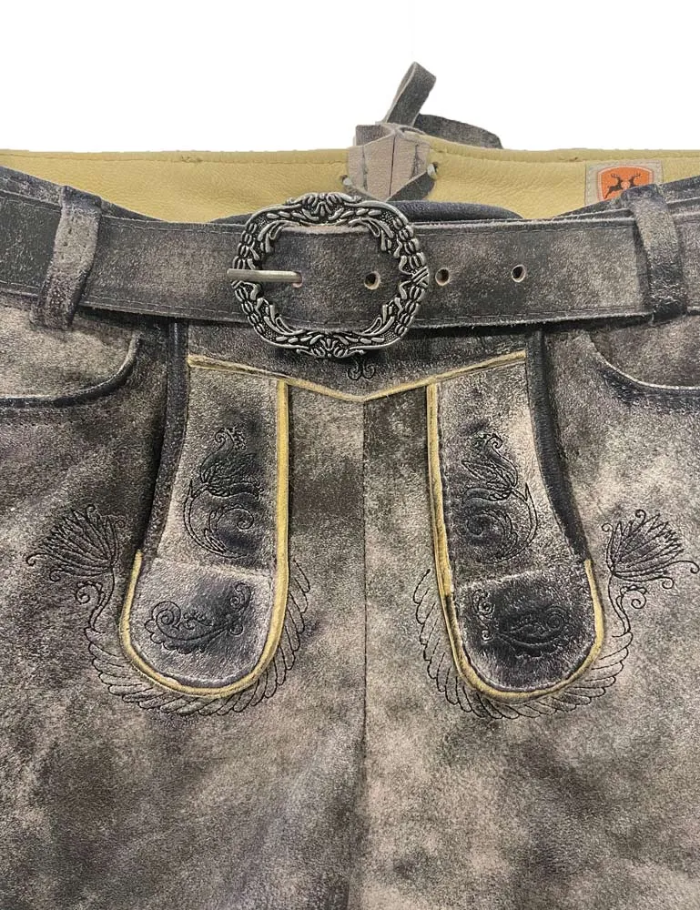 MADDOX Kurze Mädchen Lederhose "Fichtelsee" mit Gürtel | Steingrau