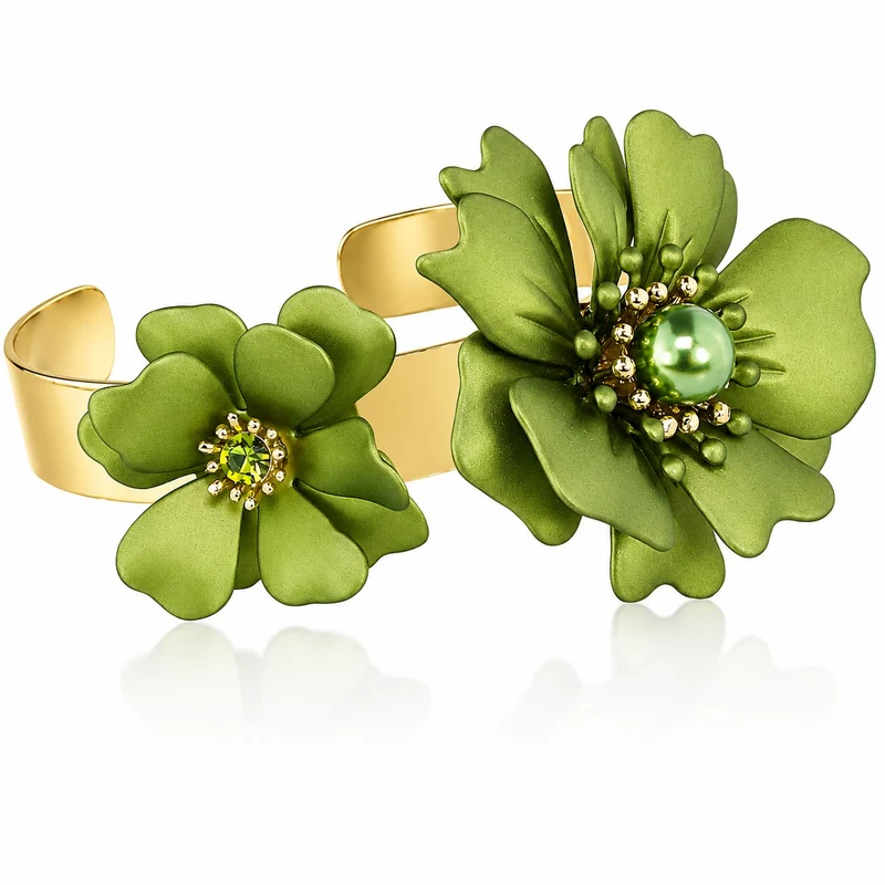 LUISIA® Armreif Armspange "Nelia" mit Blumen - 16 Karat vergoldet | Olivgrün