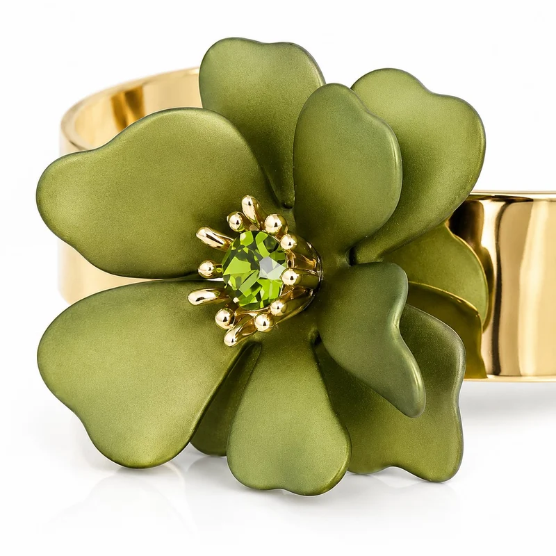 LUISIA® Armreif Armspange "Nelia" mit Blumen - 16 Karat vergoldet | Olivgrün