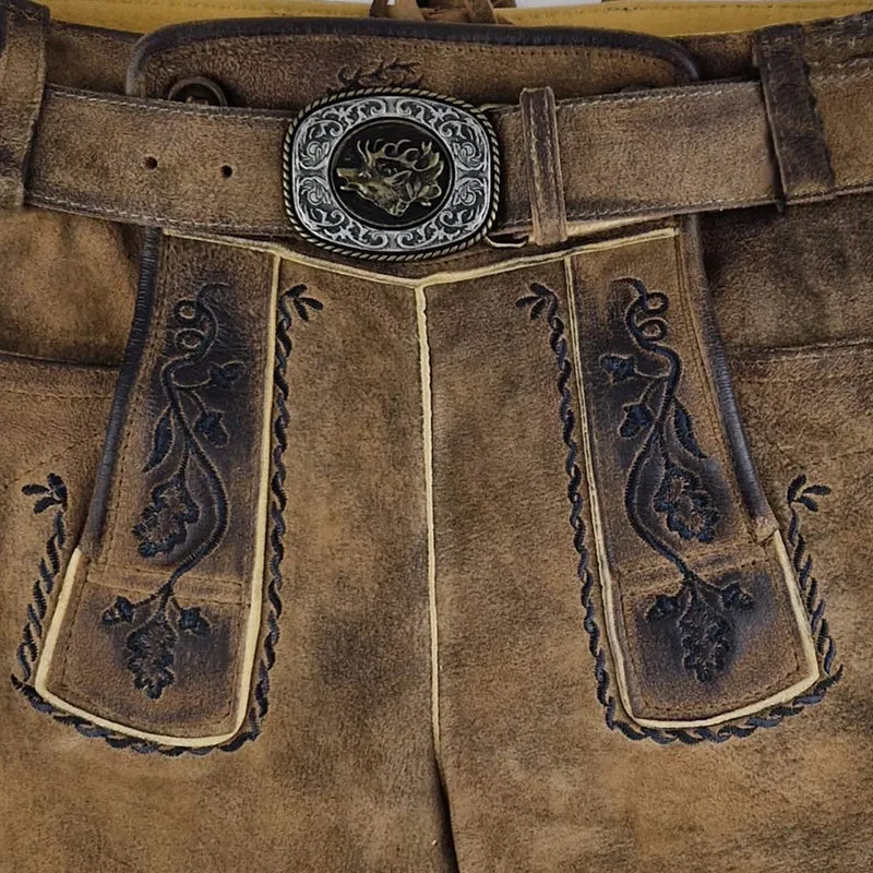 MADDOX Kurze Lederhose "Rothsee" mit Gürtel | Antik Eiche - Schwarze Stickerei