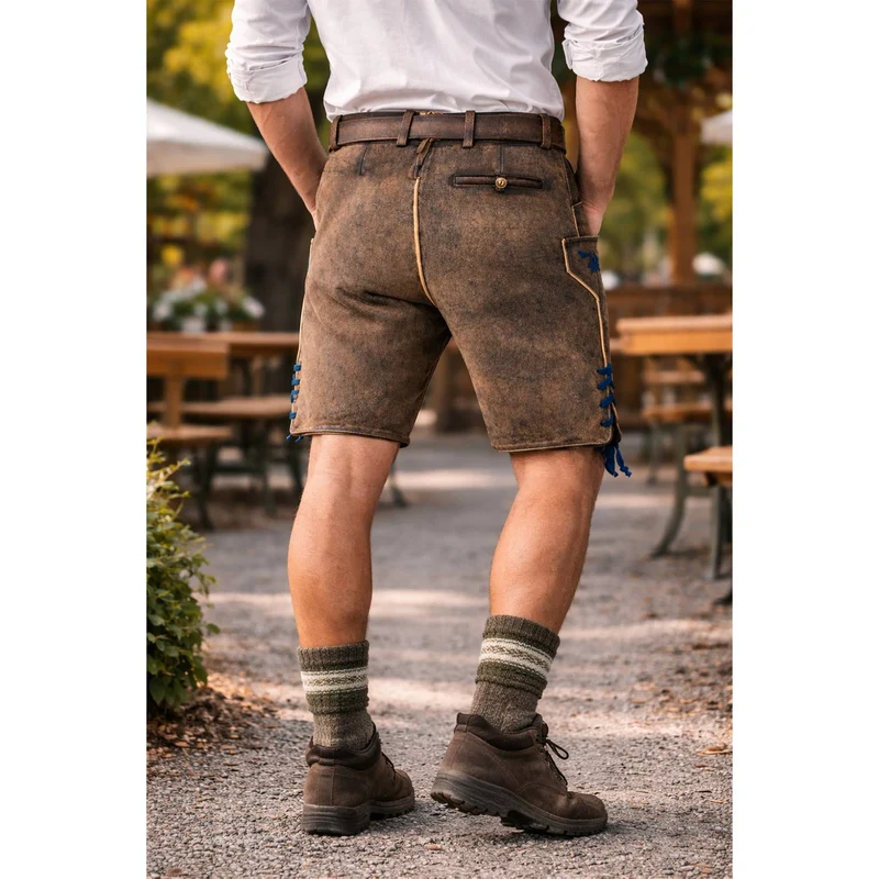 MADDOX Kurze Lederhose "Utz" mit Gürtel | Wildbock er-blau