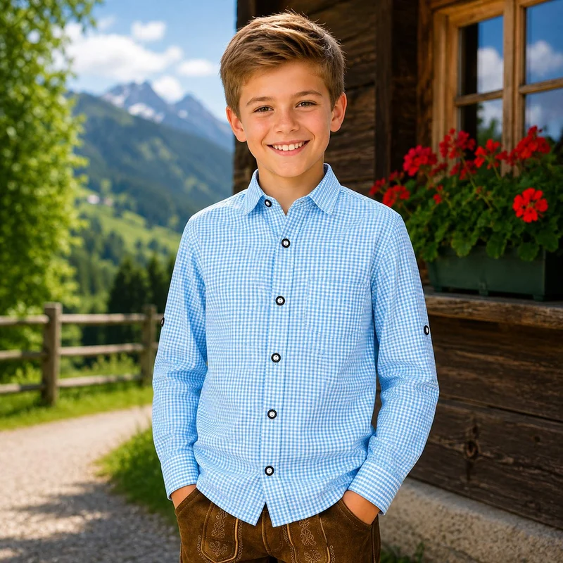 Isar-Trachten Kinder Trachtenhemd "Dominik" 48300 | Hellblau Kariert