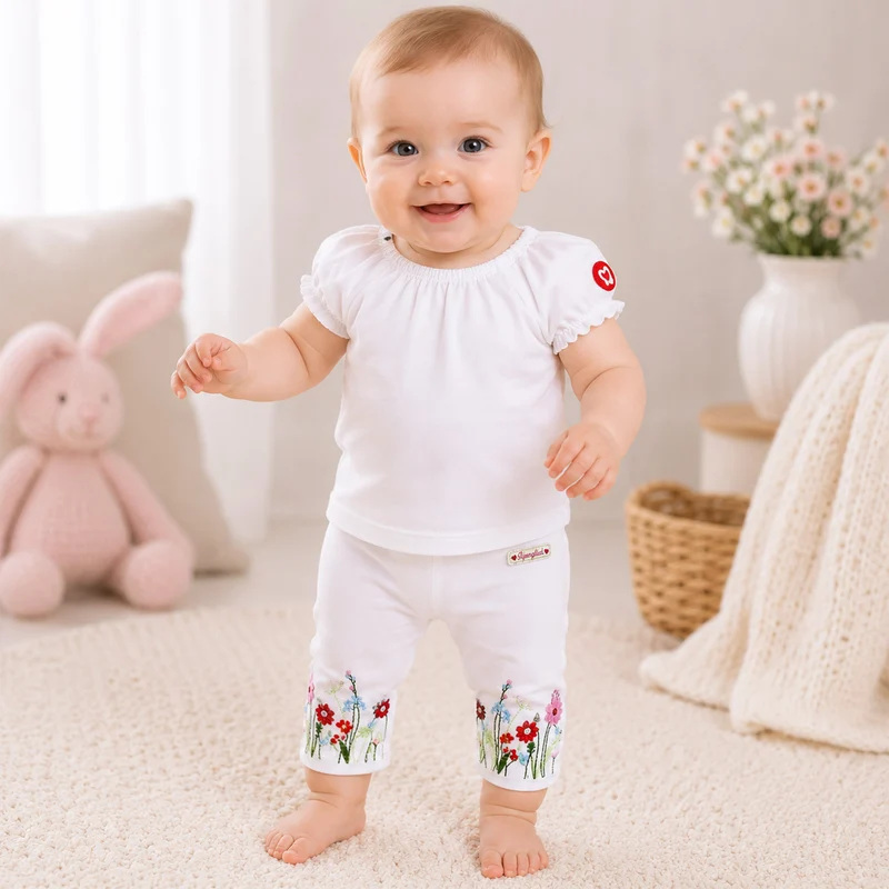 BONDI Capri Leggings "Blumenwiese" Stickerei 86627 | Weiß - Baby Sommerhose