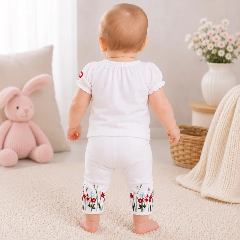 BONDI Capri Leggings "Blumenwiese" Stickerei 86627 | Weiß - Baby Sommerhose