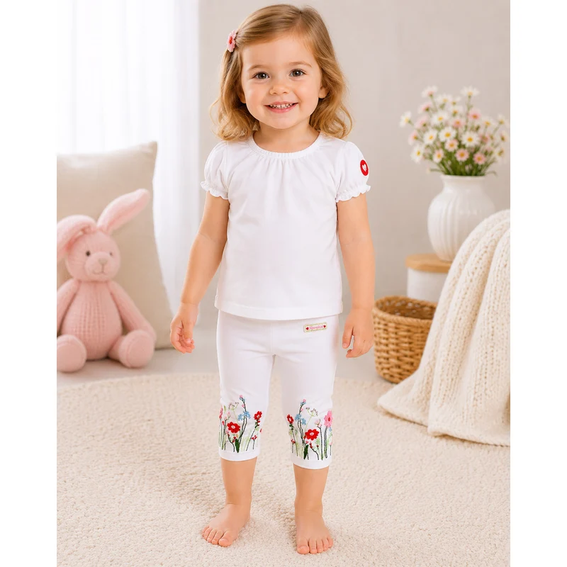 BONDI Capri Leggings "Blumenwiese" Stickerei 86627 | Weiß - Baby Sommerhose