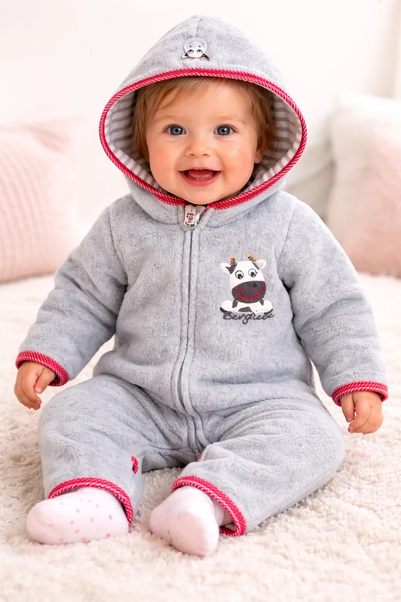 BONDI Kuscheliger Baby Fleece-Overall "Kuh" 93665 - Grau | Strampler
