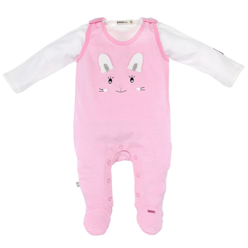 BONDI Baby Strampler "Häschen" geringelt 2-tlg. 93636 | Rosa / Weiß