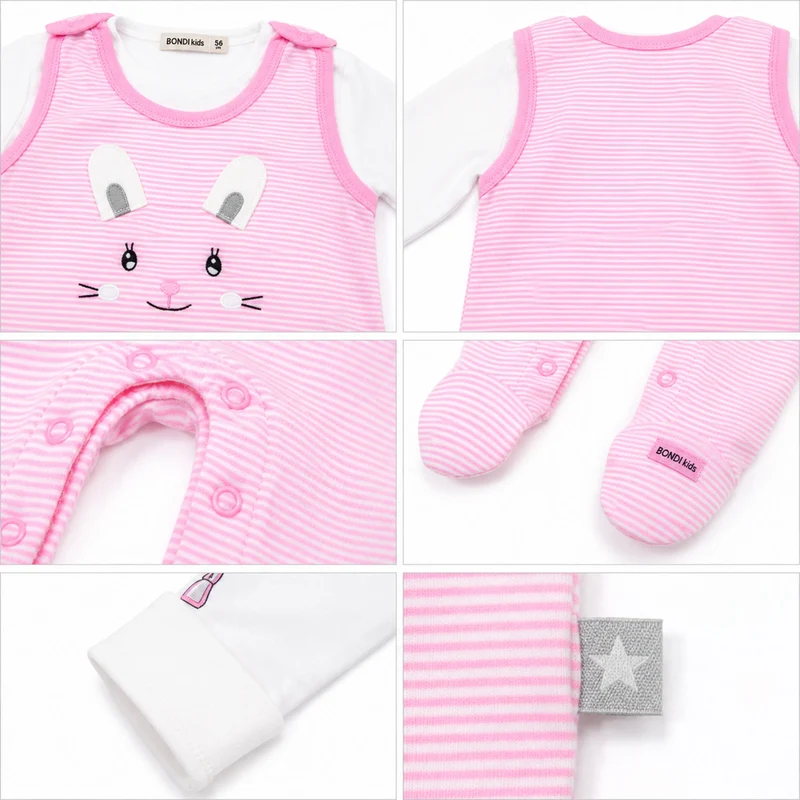 BONDI Baby Strampler "Häschen" geringelt 2-tlg. 93636 | Rosa / Weiß