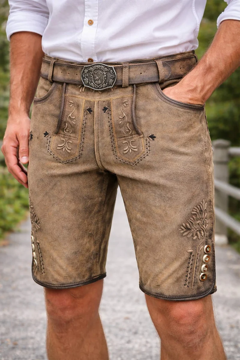MADDOX Kurze Herren Lederhose "Hopfensee" mit Gürtel | Antik Bernstein