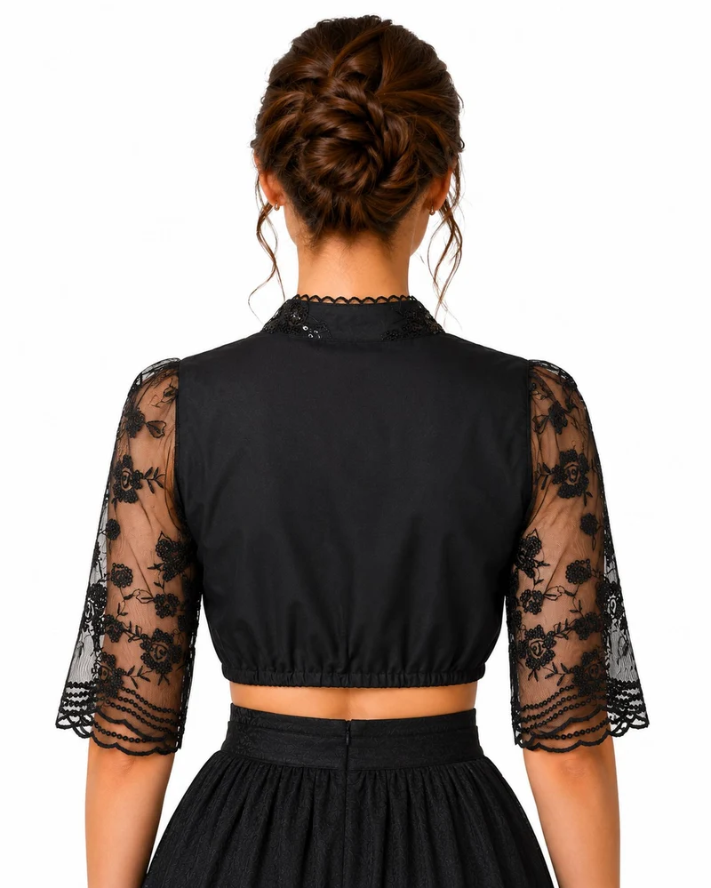 Dirndlbluse für Damen mit Spitze und Pailletten | Schwarz