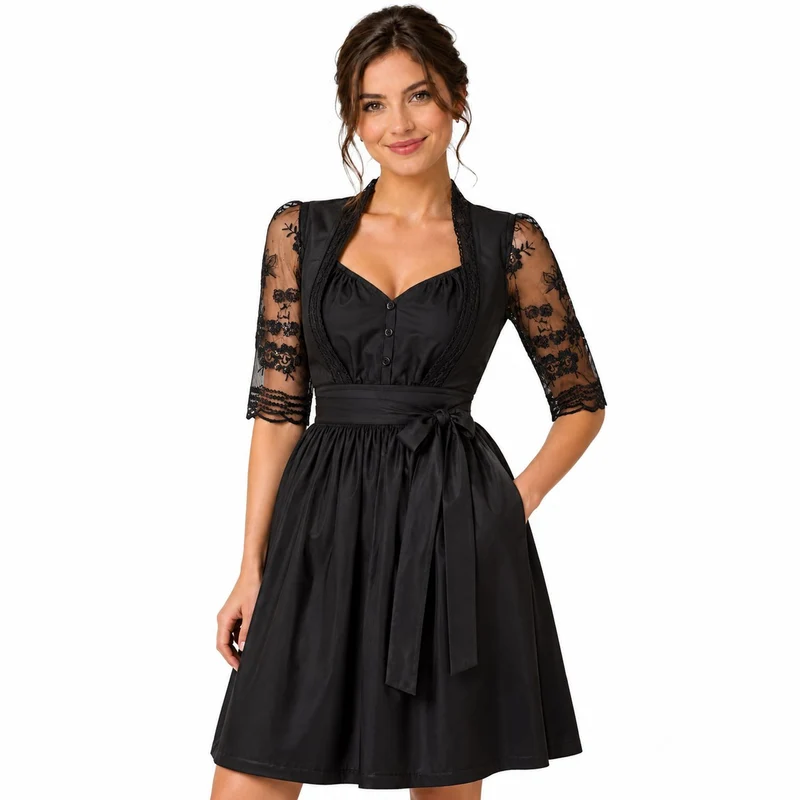 Dirndlbluse für Damen mit Spitze und Pailletten | Schwarz